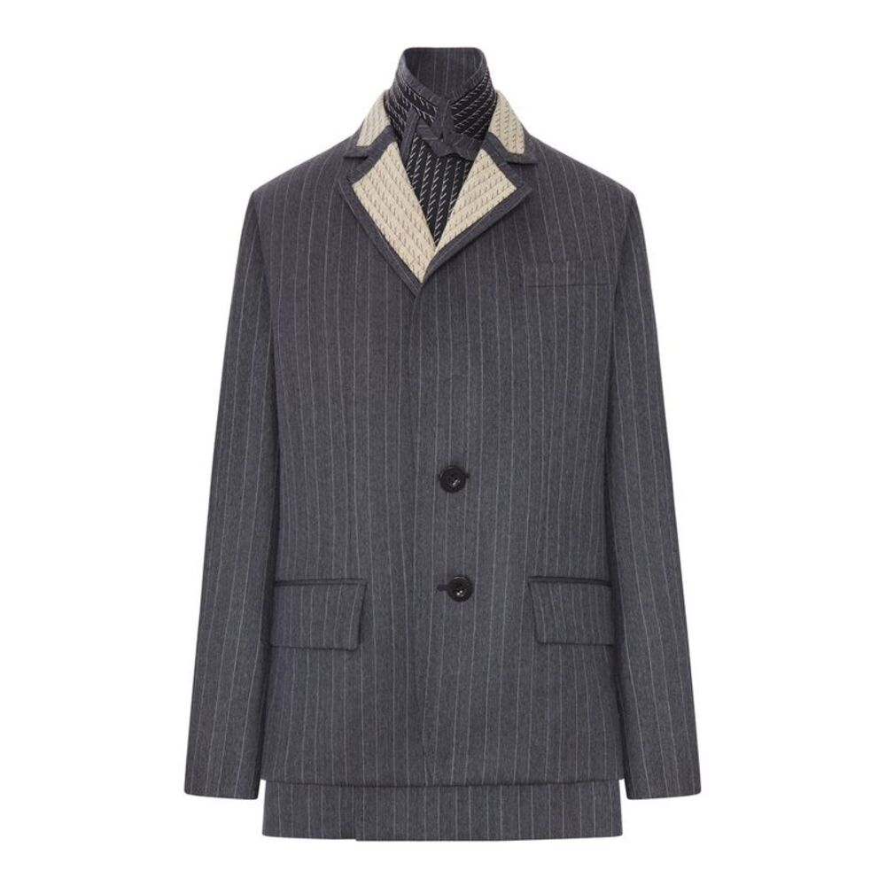 Sacai Women Pinstriped Blazer With Contrasting Lapels And Embroidered Details